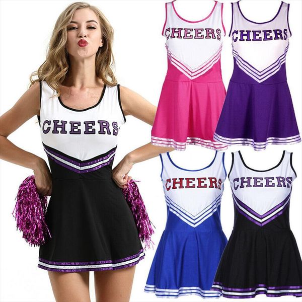 

cheerleader costume school girl outfits women dresses fancy cheer leader uniform purple black rose blue, Black;gray