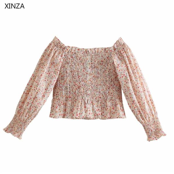 

women's blouses & shirts women floral print cropped blouse long puff sleeve smocked elastic vintage summer shirt female chic ruff, White