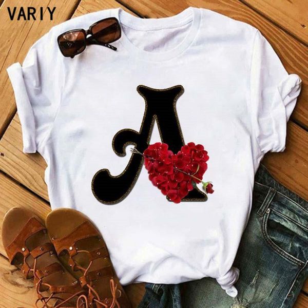 

women's t-shirt valentine's day name letter combination print flower font a b c d e f g short sleeve tshirts, White