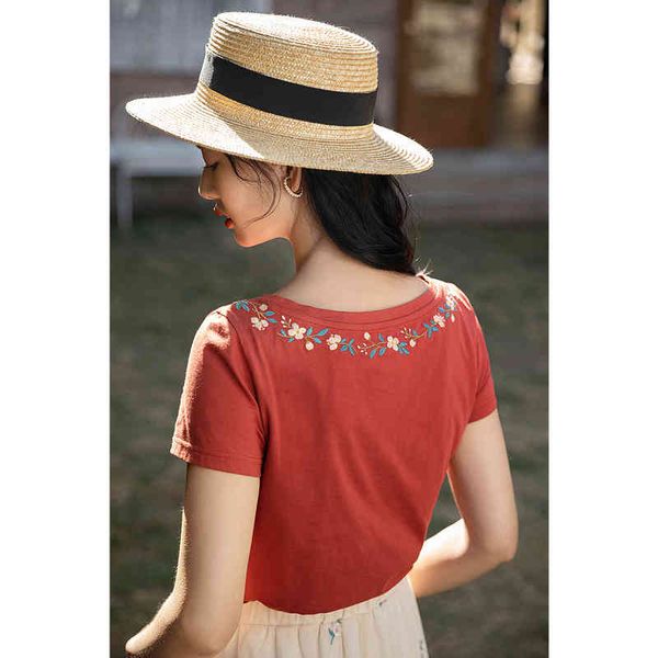 

t shirts short sleeve t-shirt ladies embroidered round neck summer arrivals cotton retro bottoming tees iifa, White