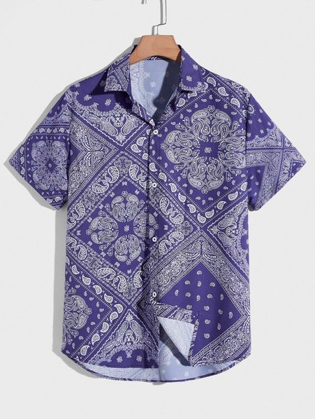 

romwe guys paisley button front shirt z9ix#, White;black