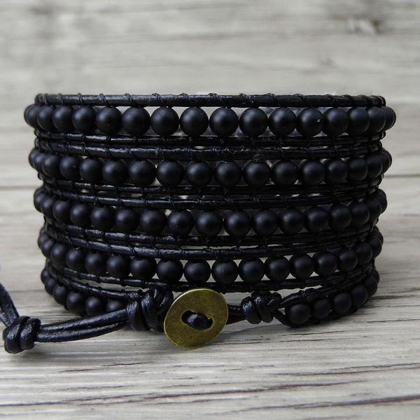 

tennis boho 5 wrap bracelet gypsy leather maand black beads natural stone jewelry yoga, Golden;silver
