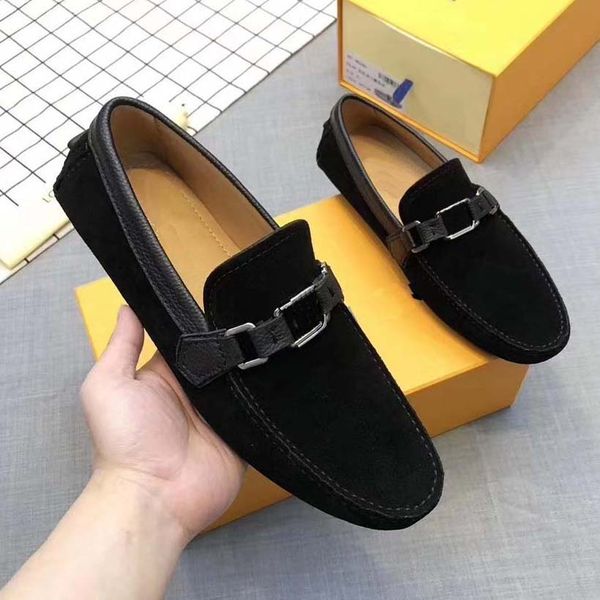

mens shoes brand flat women casual shoe business office oxfords genuine leather designers metal buckle suede loafers with box, Black