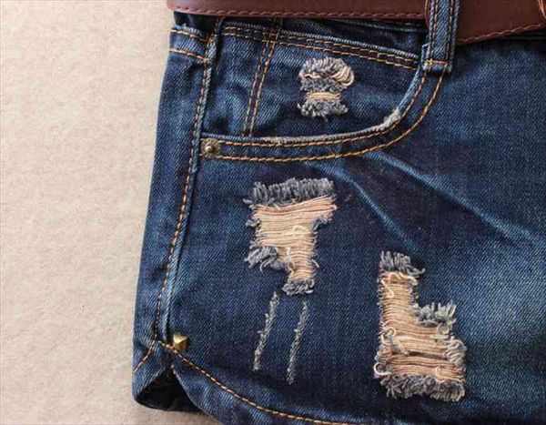 

summer women large size causal denim shorts ripped leisure jeans short dark blue hole printing short feminino belt j2424, White;black