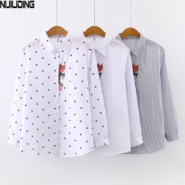 

women's blouses & shirts nijiuding embroidery cartoon cat woman's korean bow knot female long sleeve chiffon 2021 spring girls, White