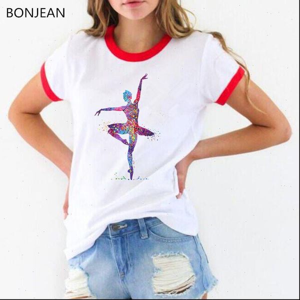 

vogue watercolor ballet art harajuku women t shirts kawaii ballerina printed femme 90s cute white drop