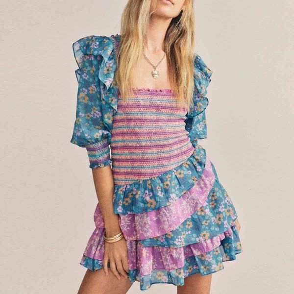 

dresses ruffle square neck sleeve mini boho floral print women es smocked layered hem short party summer fraj, Black;gray