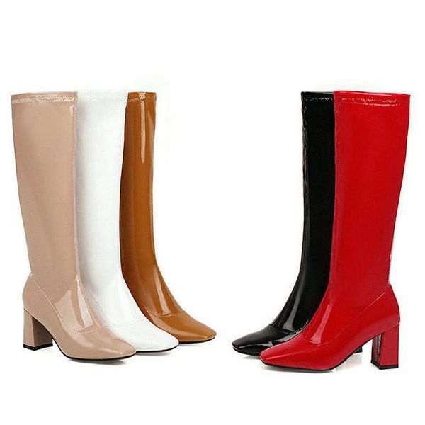 

boots 2021 patent pu leather women knee high fashion square toe thick heel ladies side zipper women's shoes, Black