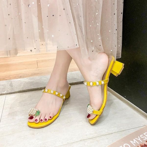 

slippers women shoes summer beach sandals pineapple string bead outside flip flops square heel slides casual zapatos de mujer, Black