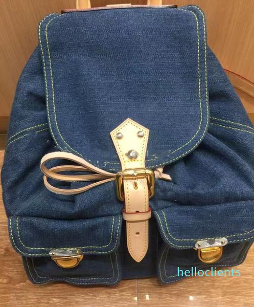 

newest designer backpack bag women famous brand vintage denim backpack men cowhide rim patchwork backpack handle handbag trave bag, Blue