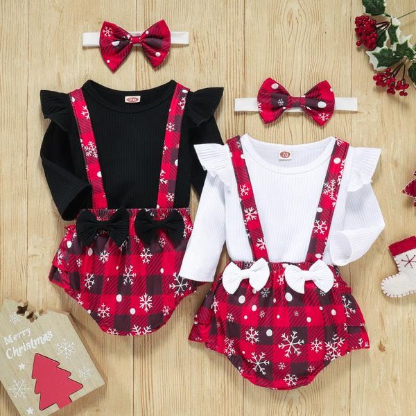 

clothing sets infant baby girls christmas xmas +snowflake plaid suspender shorts headbands outfits born clothes, White