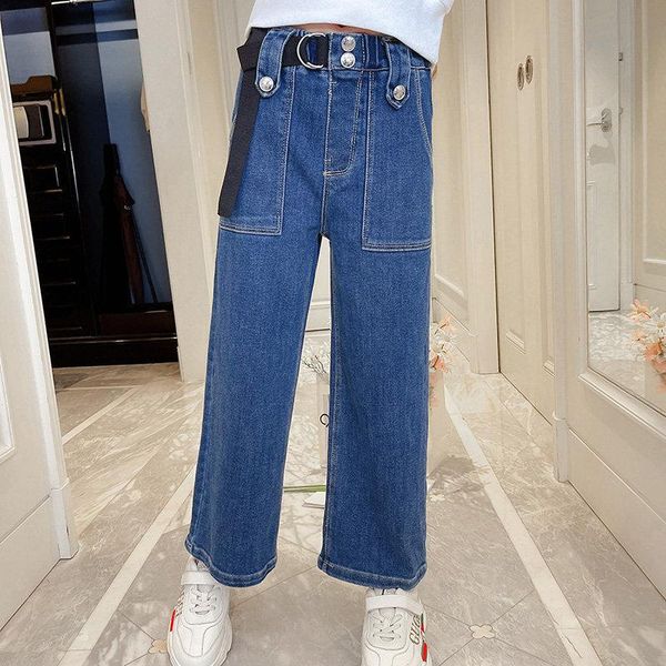 

jeans spring autumn arrivals kids straight pocket denim pants with button belt girls clothes children elastic waist trousers, Blue