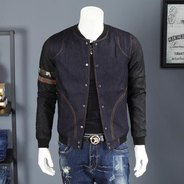

men's jackets fashion 2021 polyester cardigan stitching hit color male baseball collar youth denim jacket, Black;brown