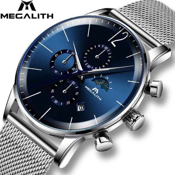 

wristwatches megalith mens watches brand blue face sport waterproof chronograph quartz wristwatch for men clock relogio masculino, Slivery;brown