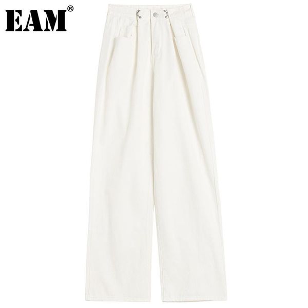 

women's pants & capris [eam] high waist white denim long pleated wide leg trousers loose fit women fashion tide spring autumn 2021 1dd9, Black;white
