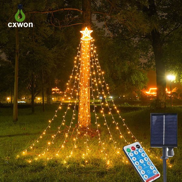 Stringa natalizia a led per esterni 11 piedi 350 LED 8 modalità Cascata stellata Illuminazione a sospensione con spina 110v 220v alimentata ad energia solare per il giardino natalizio