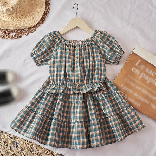

chirldren kids girls outfits summer puff sleeve short plaid pullover skirt clothes set clothing sets, White