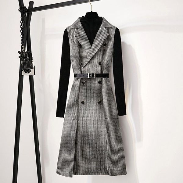 

tweed notched plaid two womens dresses piece low set winter knitted sweater and double breasted woolen vest midi skirt, White