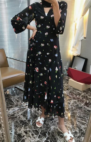 

casual dresses [7evening] - black floral print layered hem wrap midi dress with ties v-neck 3/4 sleeves long woman, Black;gray
