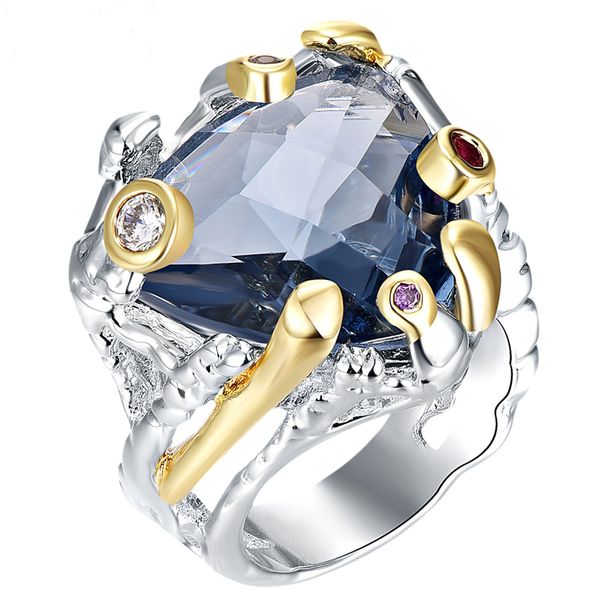 

big triangle navy blue zircon ring, silver+ gold 2 tone plating, irregular finger ring cocktail fashion party jewelry for women, Golden;silver