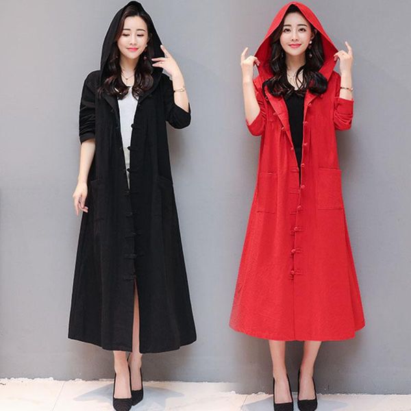 

women's trench coats vintage long-sleeved hooded spring national wind cotton and linen slim long coat outwear, Tan;black
