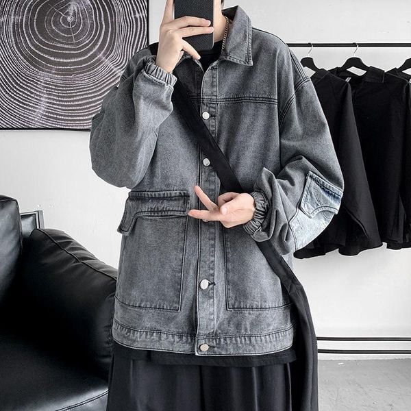

men's jackets autumn blue/grey denim jacket fashion retro pocket tooling mens streetwear loose hip-hop bomber men s-2xl, Black;brown