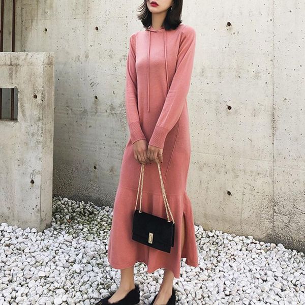 

casual dresses bellaza korean style women dress solid pink black hooded long sleeve mid-calf street wear sweet vestidos, Black;gray