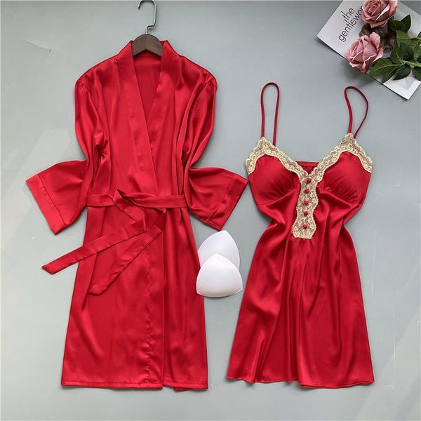 

women's sleepwear satin 2pcs women robe set bride bridesmaid wedding nightgown lace nighty&robe female kimono gown, Black;red
