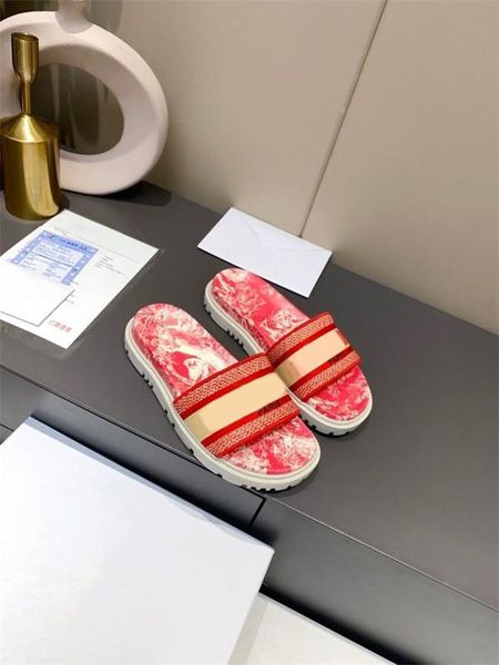 

new stylish classic women slipper dway slide raspberry red toile de jouy embroidered cotton thick sole design summer indoor sandals, Black