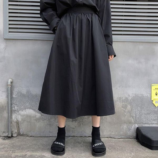 

skirts vintage womens 2021 harajuku spring summer korean girls students middle length high waist a-line skirt solid black color