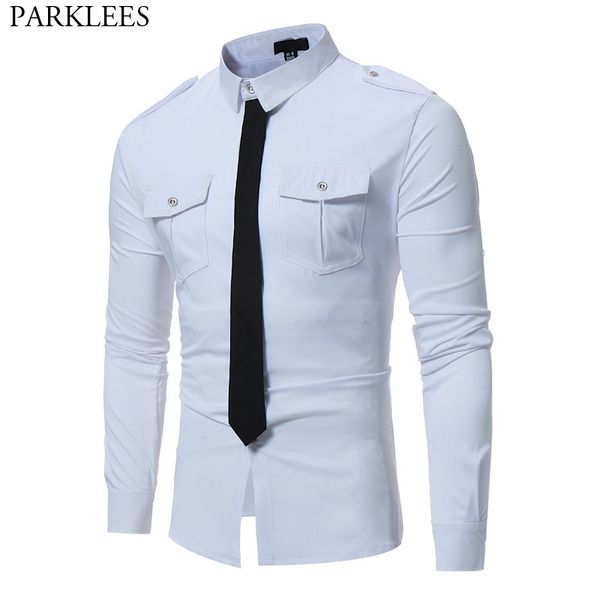 Двойные карманные белые рубашки мужчины бренд военный стиль с длинным рукавом Chemise Homme повседневная стройная посадка Хит цвета Camisa Social 210522
