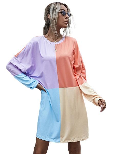 

casual dresses autumn women's digital print stitching loose long sleeves dress, Black;gray