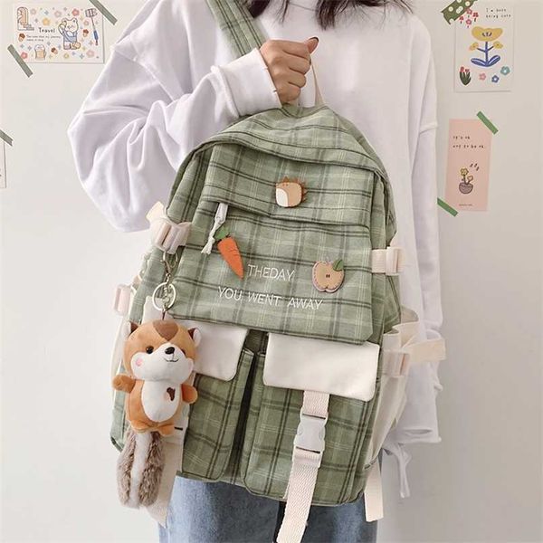 

large capacity korean lovely girl backpack female student schoolbag japanese canvas preppy style plaid travel bag women 211025
