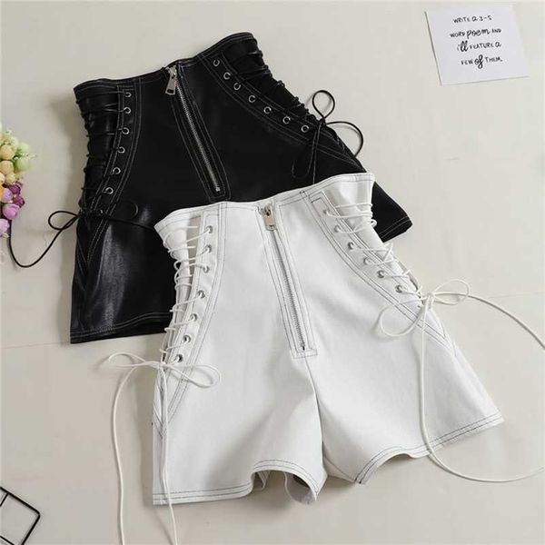 

autumn women pu shorts tie high waist female casual black ladies all match wide leg short pants ab1170 210323, White;black