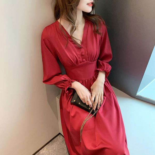 

casual dresses woman dress 2021 autumn winter style v-neck high waist long sleeve chiffon red elegant ladies office, Black;gray