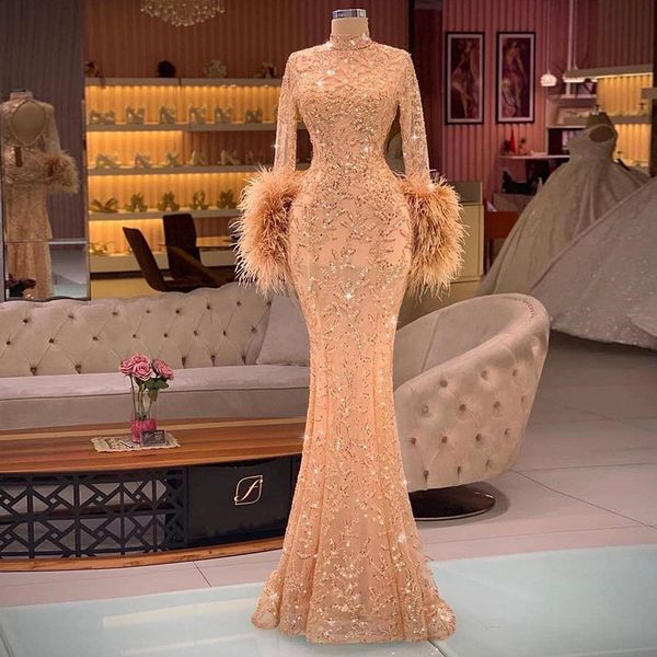 

chmapgane long sleeves mermaid prom dresses lace applique sequin evening gowns long 2021 high neck women party wear, Black