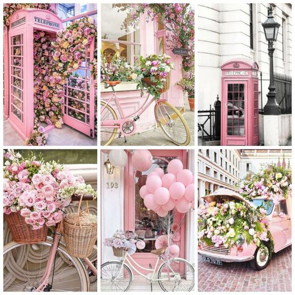 

diamond painting huacan 5d mosaic pink flower kit full square embroidery landscape bicycle rhinestones home decoration