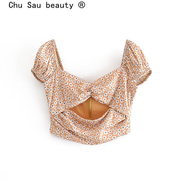 

chu sau beauty fashion boho floral print crop women summer party style hollow out v-neck puff sleeve ladies blouses women's & shirts, White