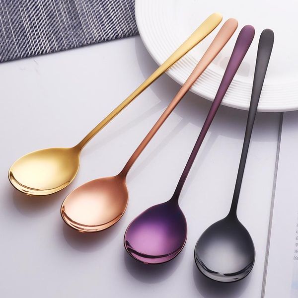 

pcs/lot 304 stainless steel long handled spoon gold plated rose dessert korean spoons flatware sets