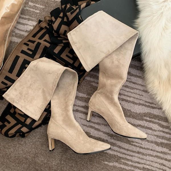

boots stretch thigh high winter 2021 faux suede warm fleece heels slip on over the knee long plus size 34-43, Black