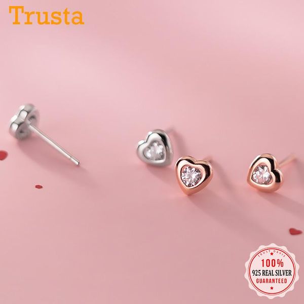 

trustdavis real 925 sterling silver fashion sweet romantic heart cz stud earring for women wedding party fine s925 jewelry ds649, Golden;silver