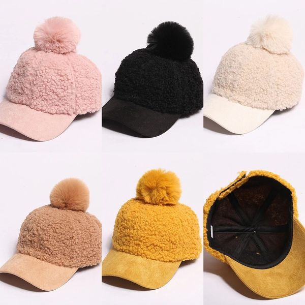 

autumn winter women's sweet lovely wool ball lamb down duck tongue outdoor warm and fashionable solid color baseball hat, Yellow