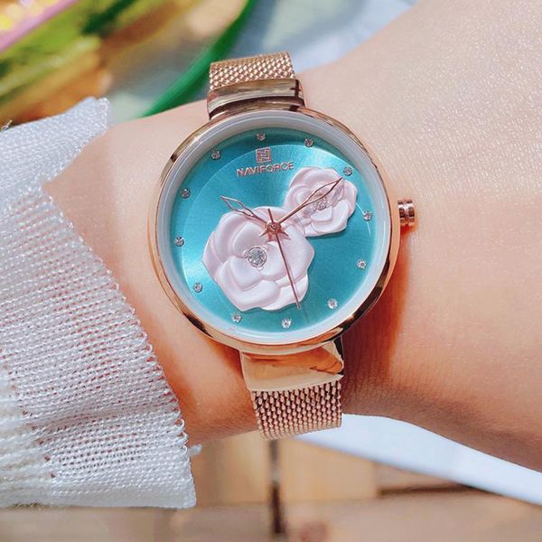 

wristwatches naviforce watch women beautiful flower design watches lady fashion steel mesh quartz wristwatch girl clock, Slivery;brown