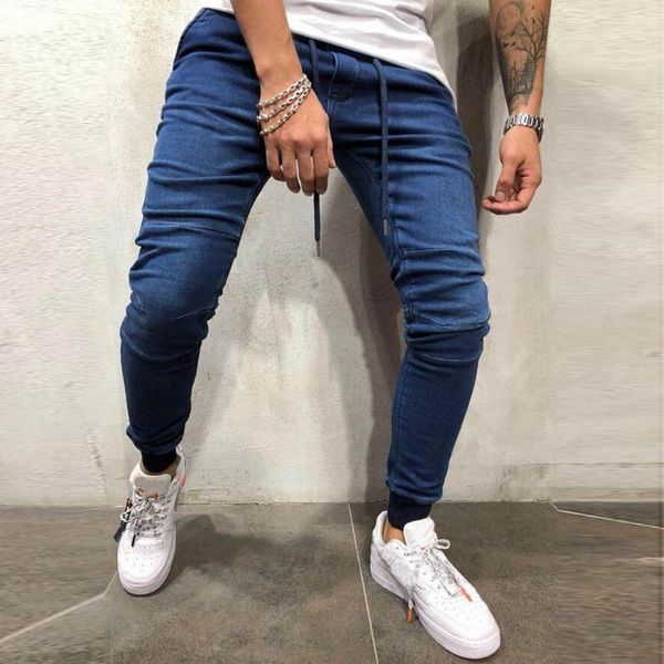 

men's pants mens fitness bodybuilding pocket denim skin full length sports trousers elastic crossover sweatpants, Black
