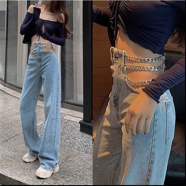 

design link chain high waist women jean autumn korean loose wide leg vintage denim streetwear, Blue