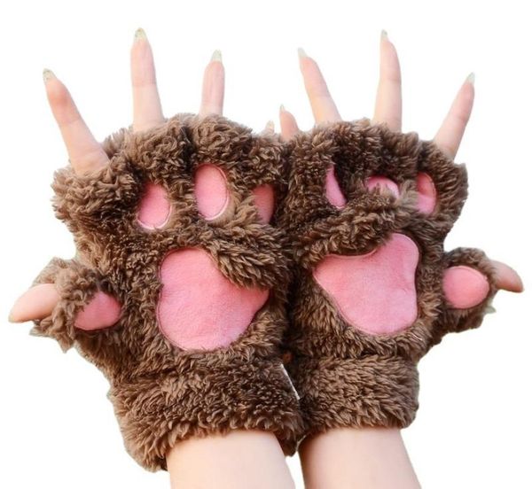 

five fingers gloves 2021 winter fur cute kitten fingerless women bear plush cat christmas halloween girls, Blue;gray