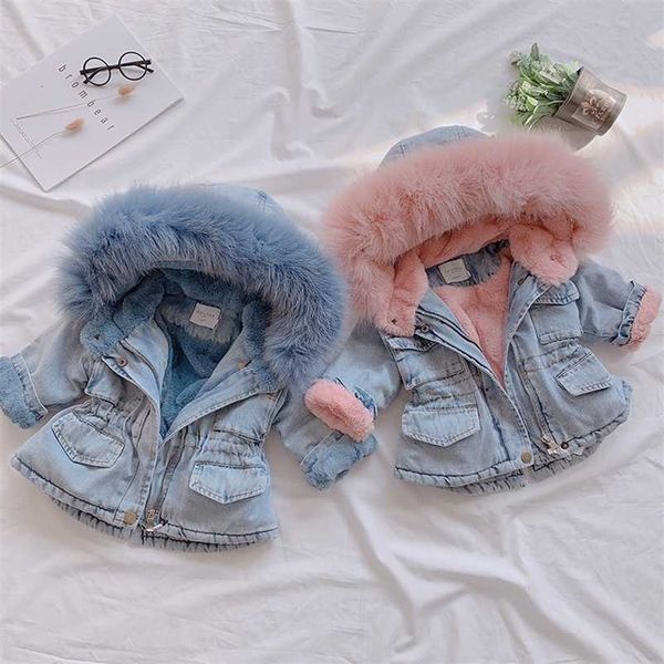 

olekid winter baby girl denim jacket plus velvet real fur warm toddler outerwear coat 1-5 years kids infant parka 211204, Blue;gray