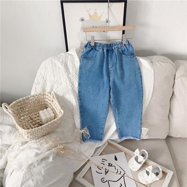 

spring arrival girls fashion denim jeans kids korean design with bow girl, Blue