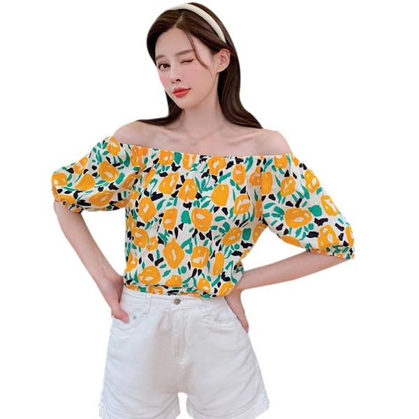 

women's blouses & shirts summer korean floral slash neck holiday style casual chiffon short sleeve shirt female sweety blouse, White