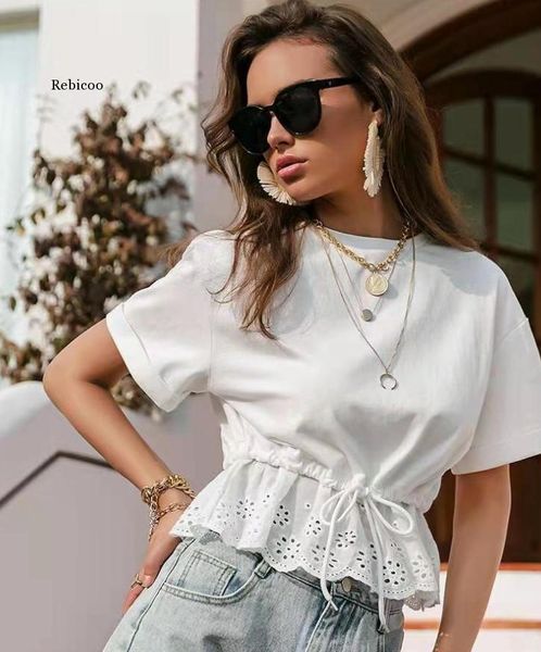 

women casual white drawstring waistband t-shirt ruffled o-neck short sleeve t cotton elegant holiday shirts summer women's